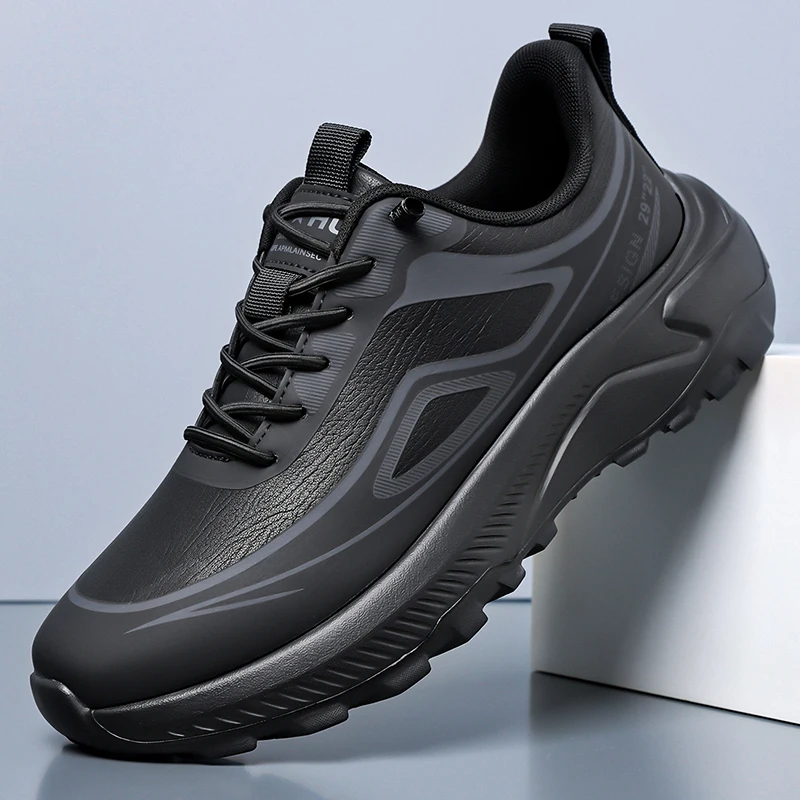 Men Running Shoes Spring Autumn Solid Black Pebbled Texture Streamlined Overlay Thick Sole Shock Absorbing Tech Sneakers