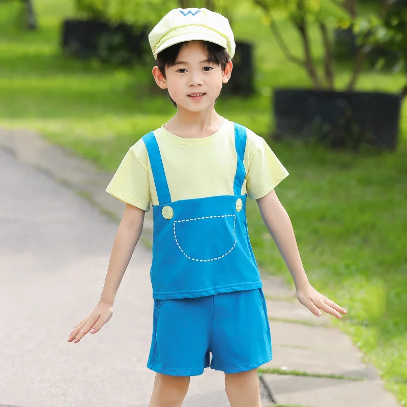 Super Marios Bros Cosplay Costumes with Suit Anime Figure Wario Boys and Girls Children's Summer Short Sleeved Shorts Dress Set