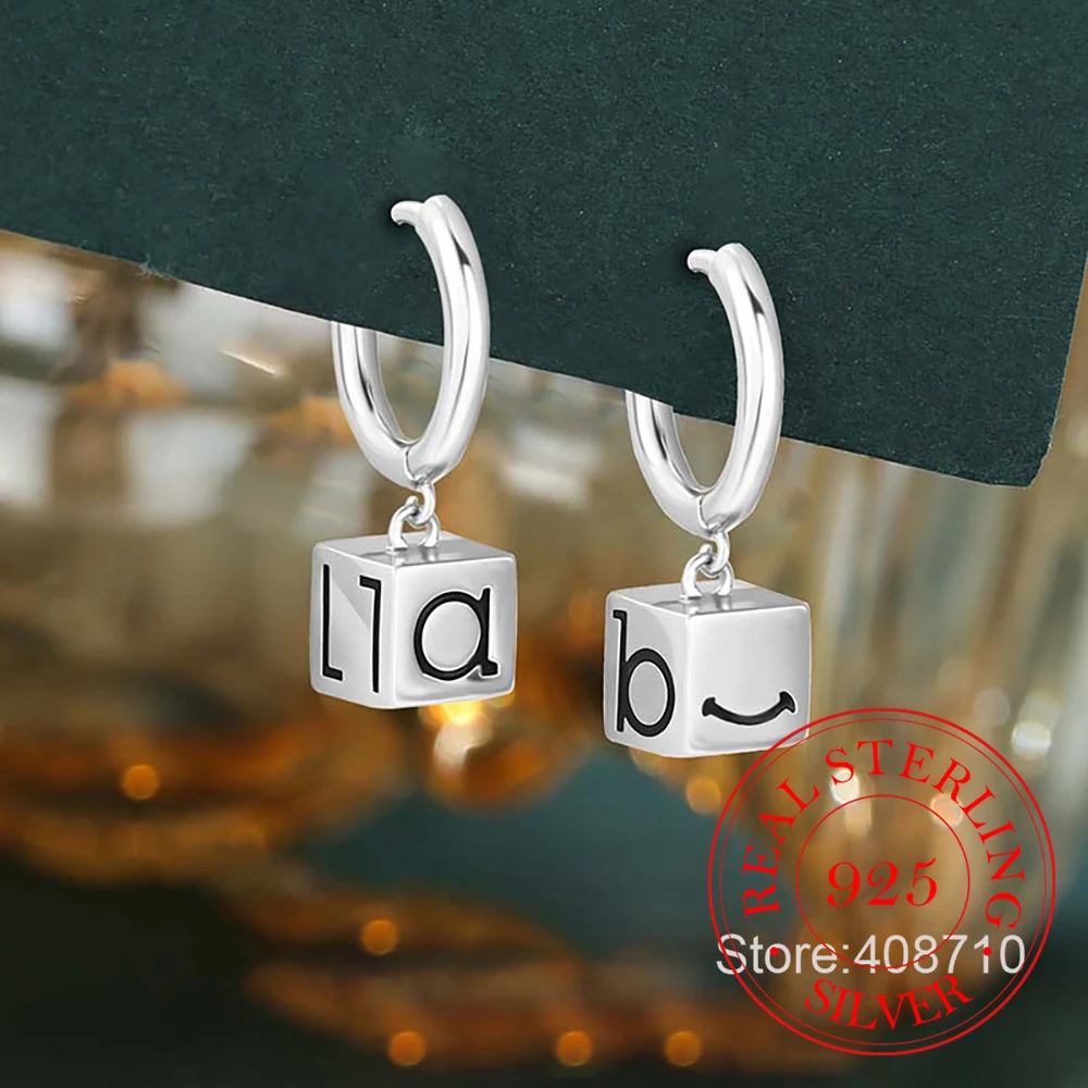 

925 Sterling Silver Jewelry Geometric Square Letter Hoop Earrings for Women Wedding Party Jewelry for Girls Friend Gift