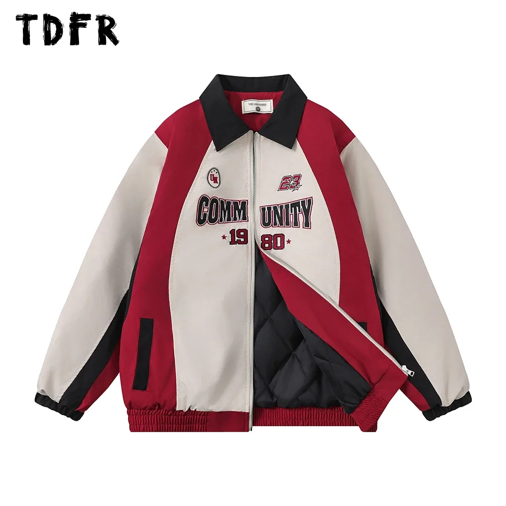 

Letter Embroidery Contrast Paneled Quilted Jacket Mens Streetwear Autumn Winter Lapel Long Sleeve Thick Outerwear Men