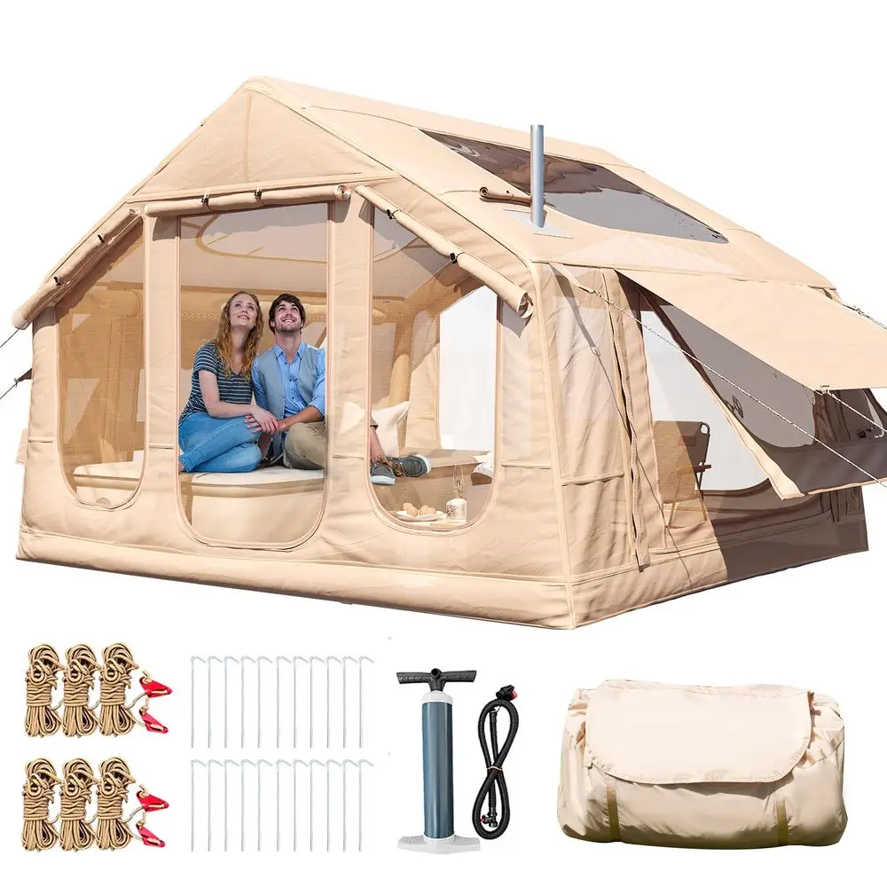 

46 Person Inflatable Camping Tent with Stove Jack, 2 Skylights amp Pump, 300D Oxford Blow Up Glamping Tent with 3in1 Windows, 4