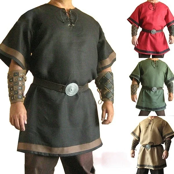 

Men's Armor Reissue LARP Medieval Nordic Pirate Red Color Renaissance Clothing Standard Fit Shirt CleanFit Short Sleeve