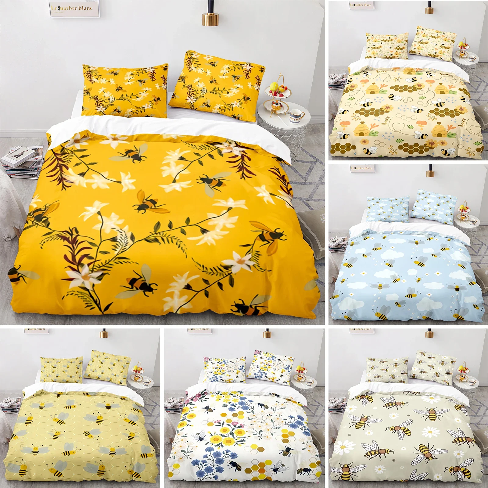 

Honey Bee Duvet Cover Set, Black White Printing 3 Piece Bedding Set, Twin/Full/Queen/King Size Crown Quilt Cover for Girls Boys