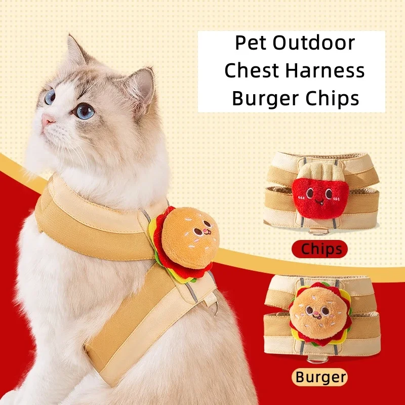 Pet Chest Harness with Rope for Cats and Dogs, Cartoon Hamburger Chips Design, Walking Tow Rope, Escape Proof Vest Cat Collar