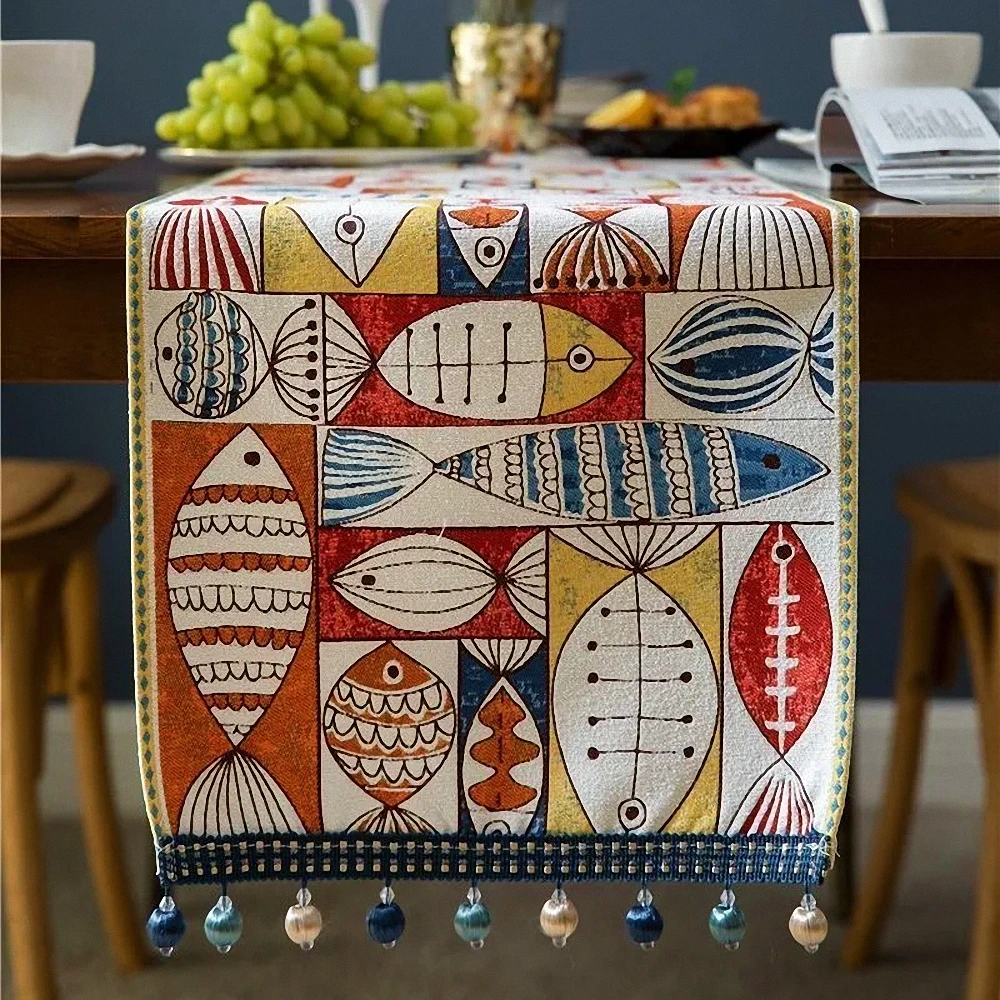 European Embroidery Table Runner Simple Cartoon Fish Pattern Chenille Table Cloth for Wedding Hotel Dinner Party Decor Art Cloth