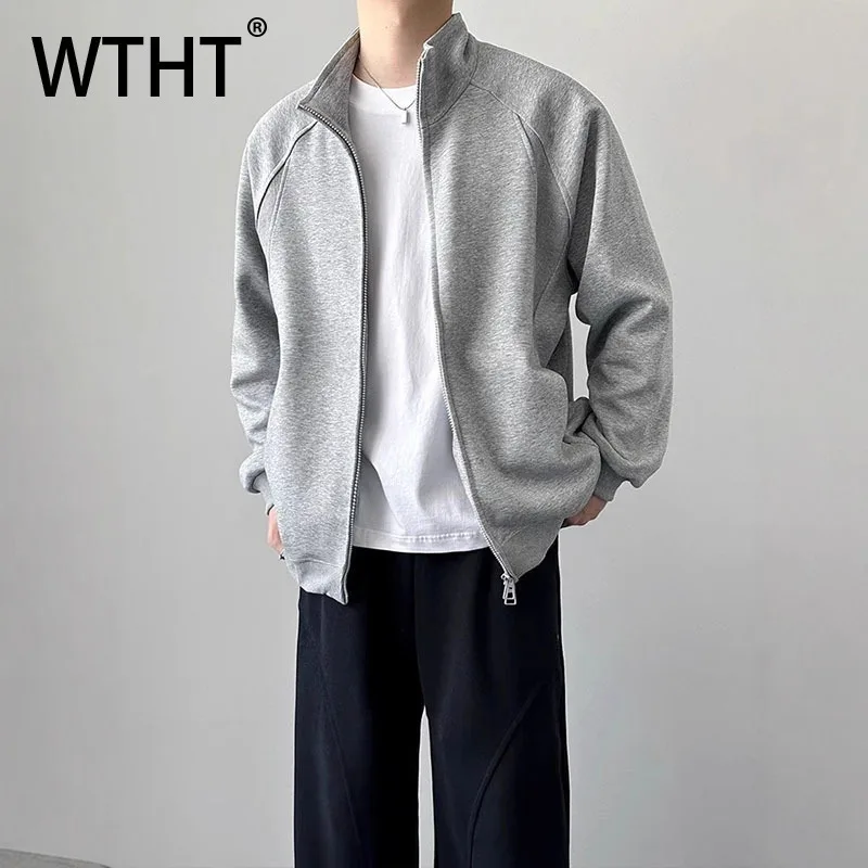 

WTHT Fashion Men's Solid Color Spliced American Style Coats Trendy 2025 Autumn Stand Collar Long Sleeves Jackets Male 2A1779