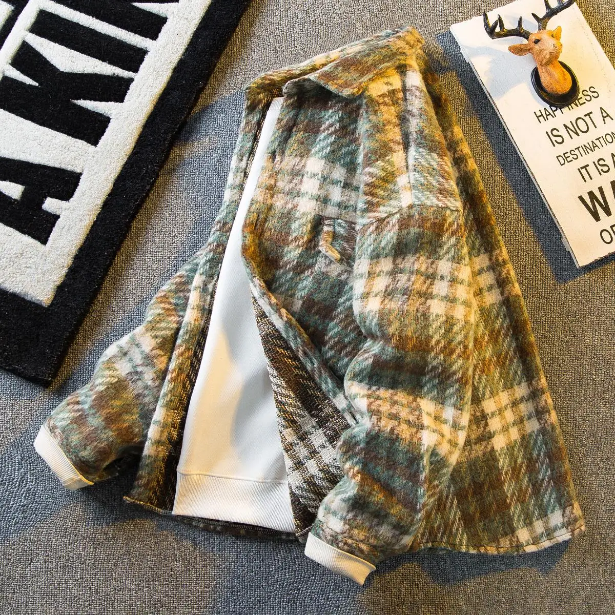 

Мужская шерстяная куртка в клетку, весенне-осенняя американская ленивая верхняя одежда с откидным воротником, теплое пальто Thiened Long Sve