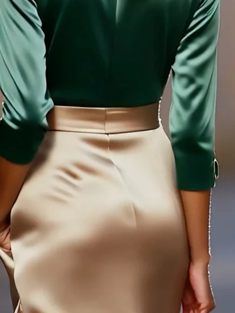 

Женская повседневная однотонная длинная юбка с длинным рукавом, модный драпированный атласный тонкий наряд, элегантный топ и юбка с v-образным вырезом и длинными рукавами, костюм из 2 предметов