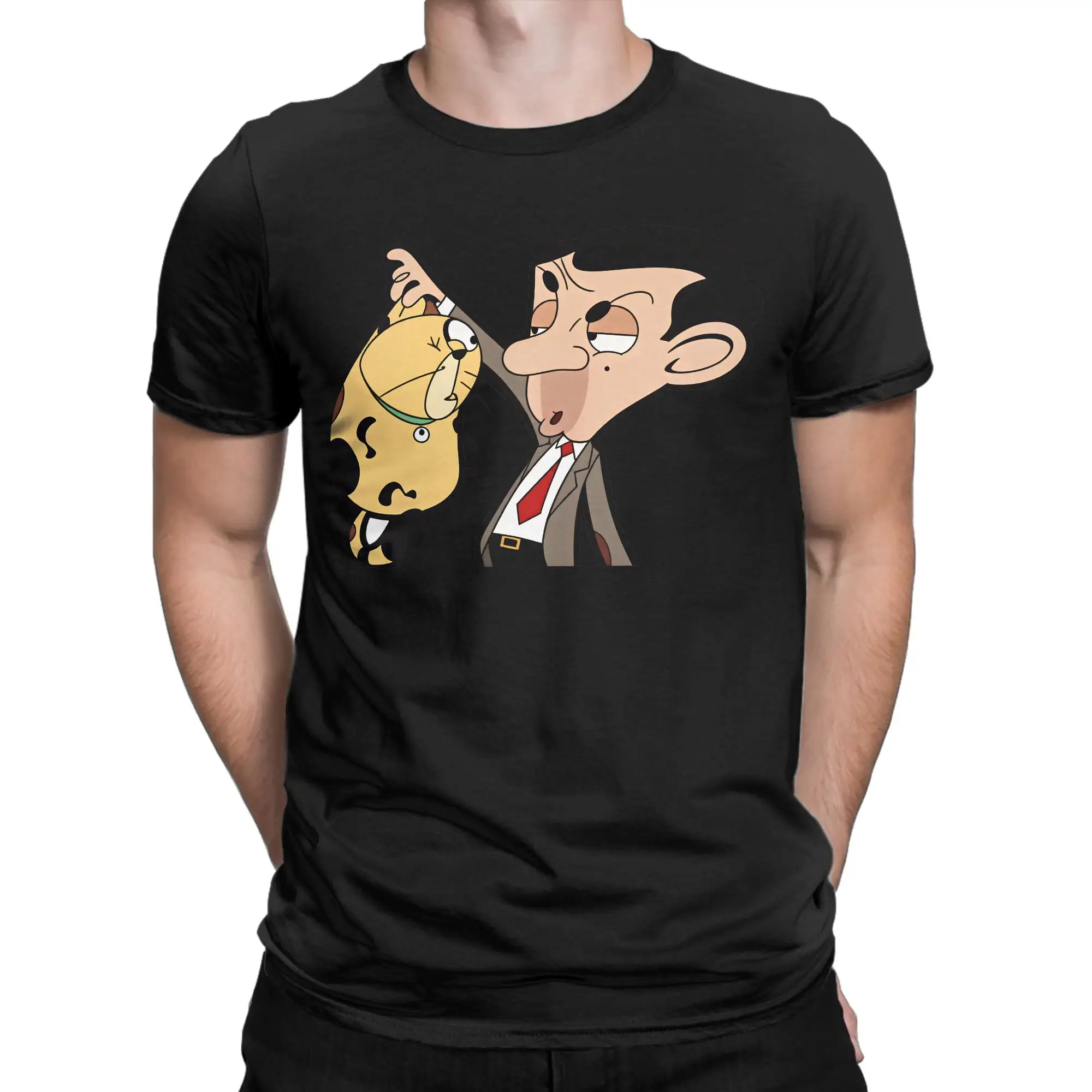 Mr Bean Hold Spotted Cat Cartoon T-Shirt Summer Fashion T-Shirts Men's Cotton Breathable Plus Size Tees Short Sleeves Tops