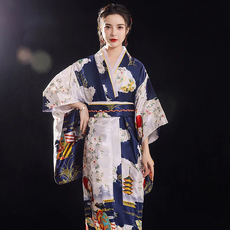 Traditional Japanese Kimono Gown with Obi Women Ladies Geisha Haori Yukata Kimono Gown Suit Print Flower Airy Dresses Costume