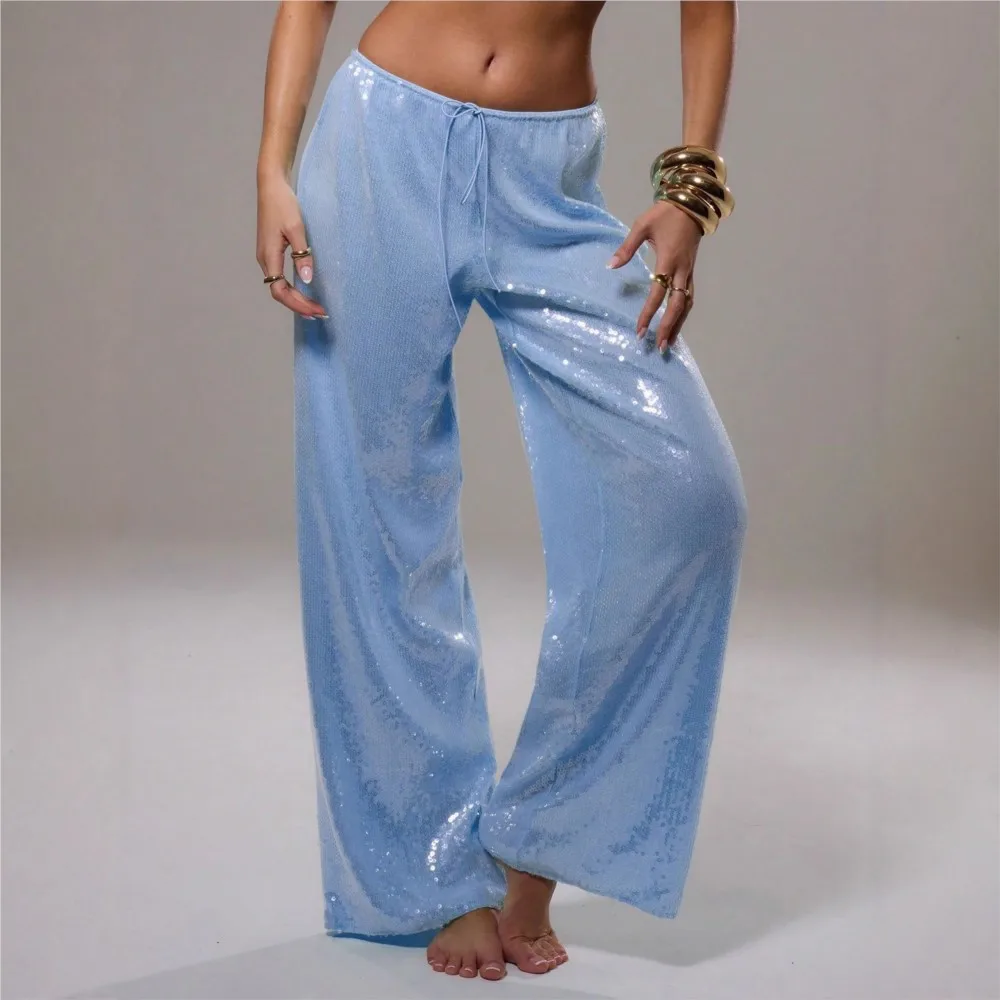 Casual Straight Pants Loose Wide Legs Trouser Personality All-match Hot Girl Style Women's Clothing Fashion Solid Color Sequin
