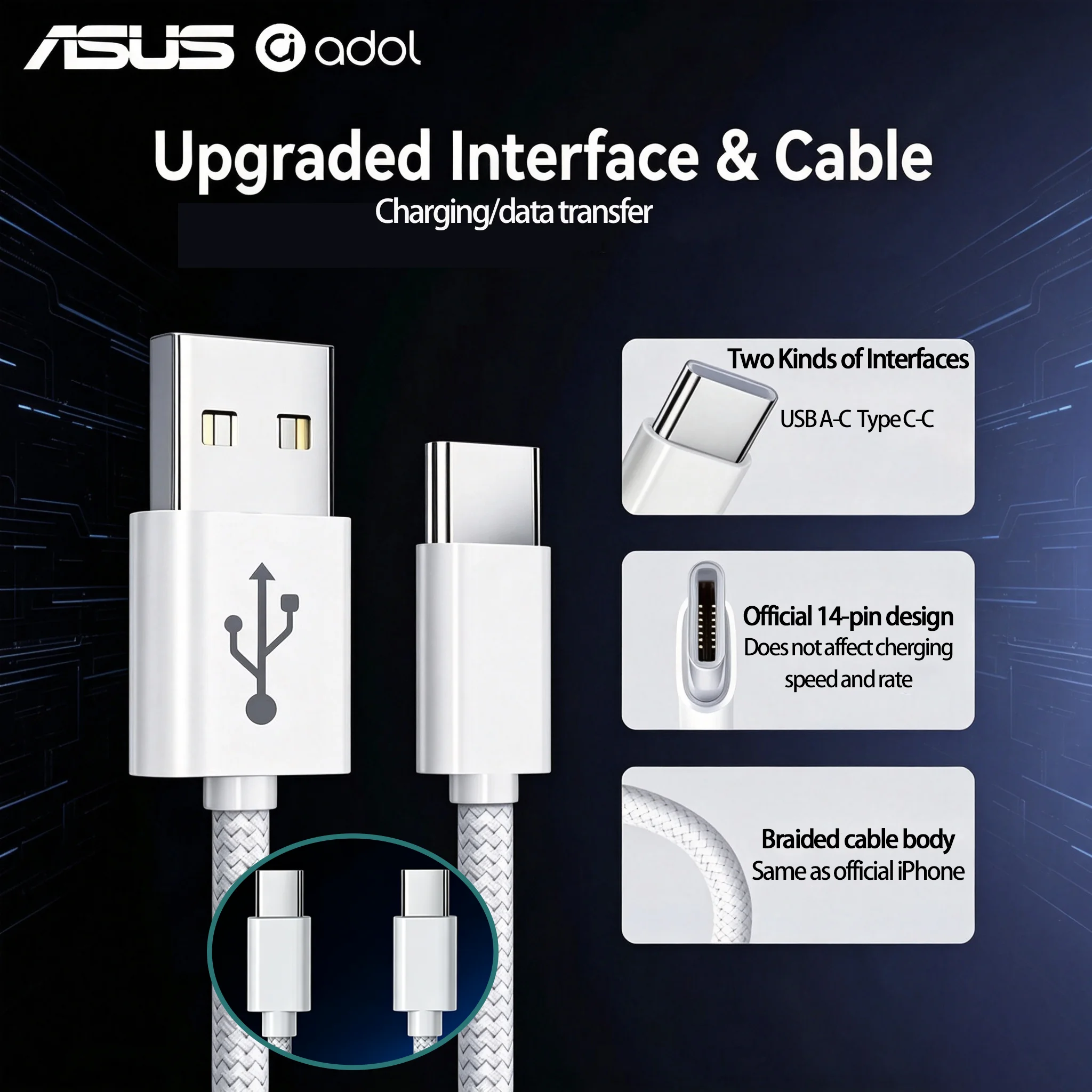 ASUS 60W USB A to C&Type C to C Cable for Samsung MacBook Pro iPhone17 16Promax 15 17Pro 16 Pro15 ipad Fast Charging