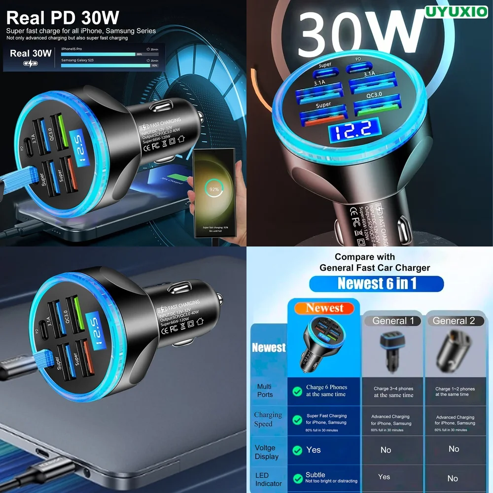 Fast Charging Plug 6 Ports for iPhone 17 16 15 14 Pro Max Plus PD 30W LED Digital Display Super Fast Car Charger Type C USB C