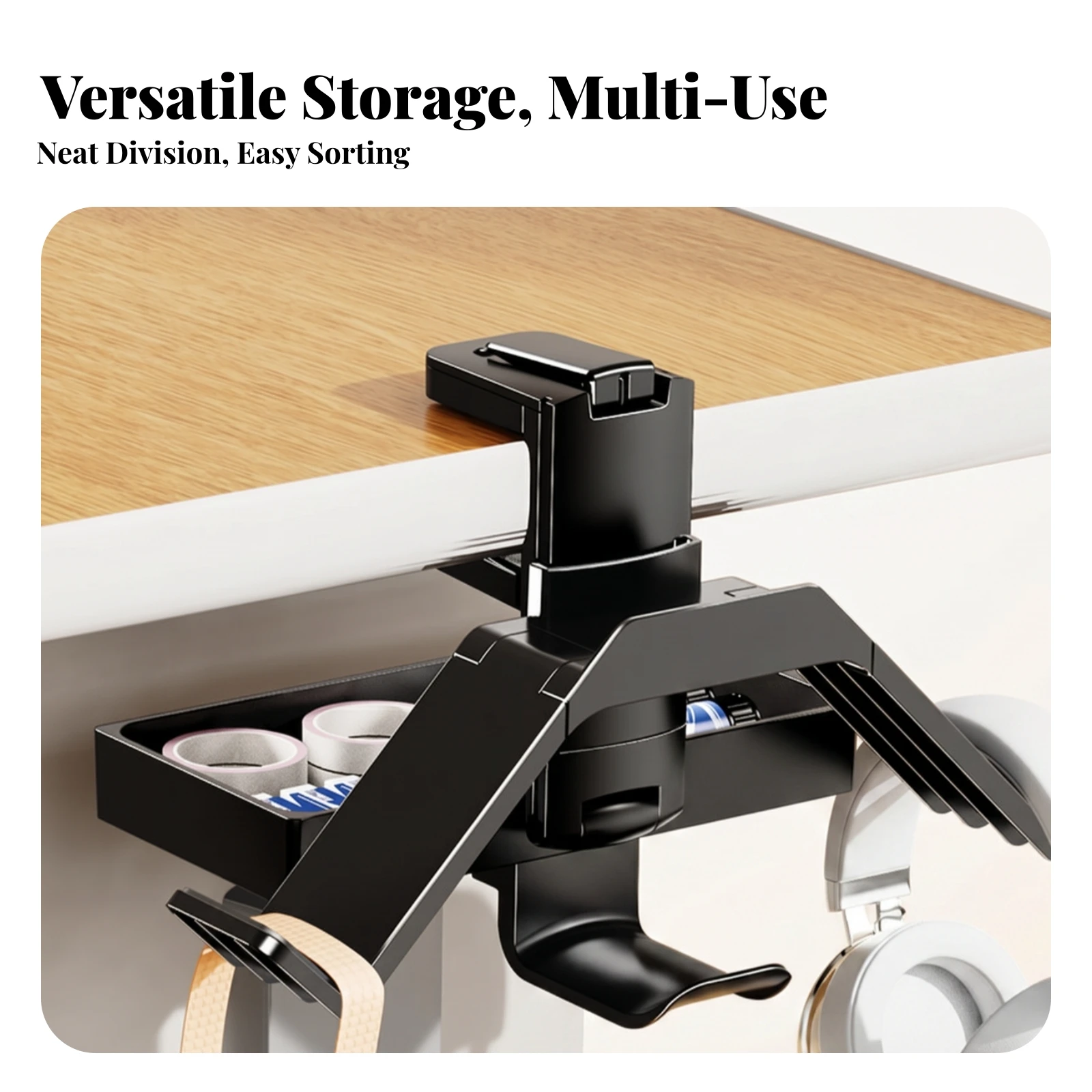 Desk-Edge Hanging Rack Black Metal Clamp-on Desk Rack Workspace Storage Compact Angular