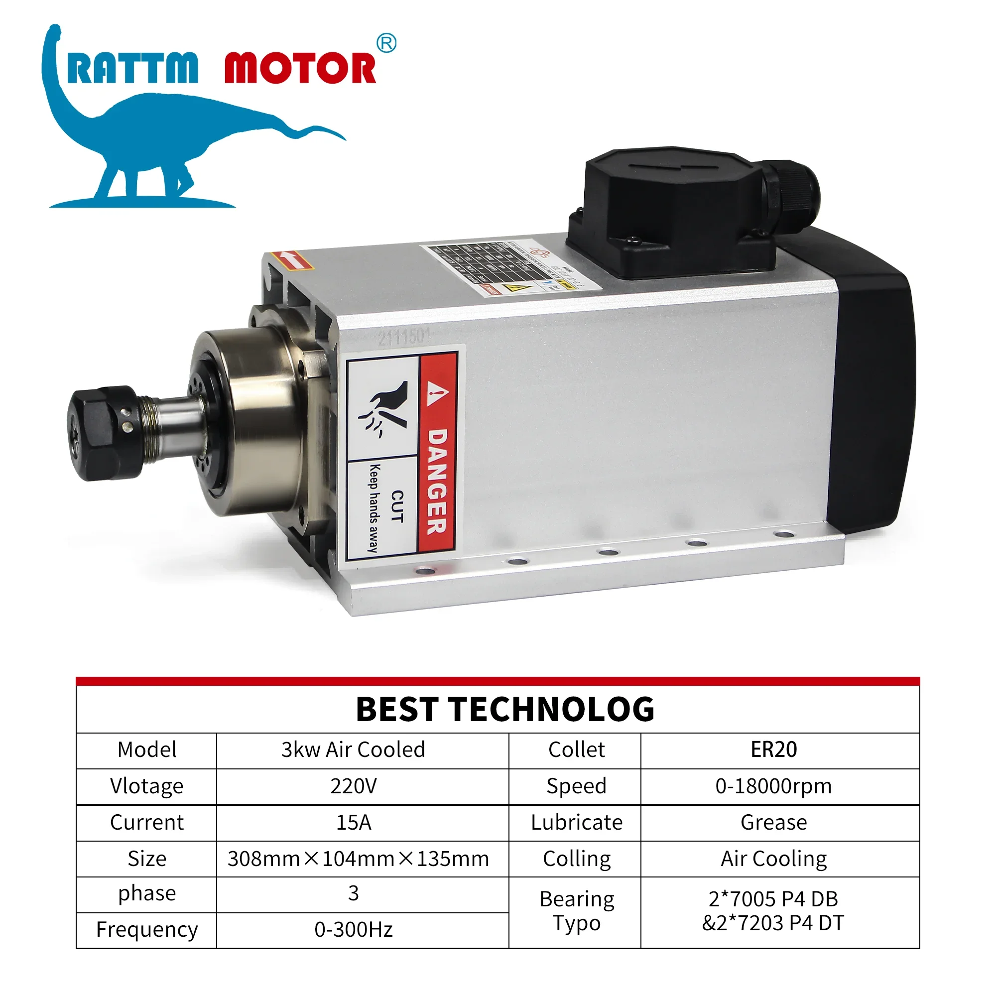 Square Air Cooled Spindle Motor 220V 3KW ER20 Collets 4 Bearings High Speed for CNC Engraving Milling Grind