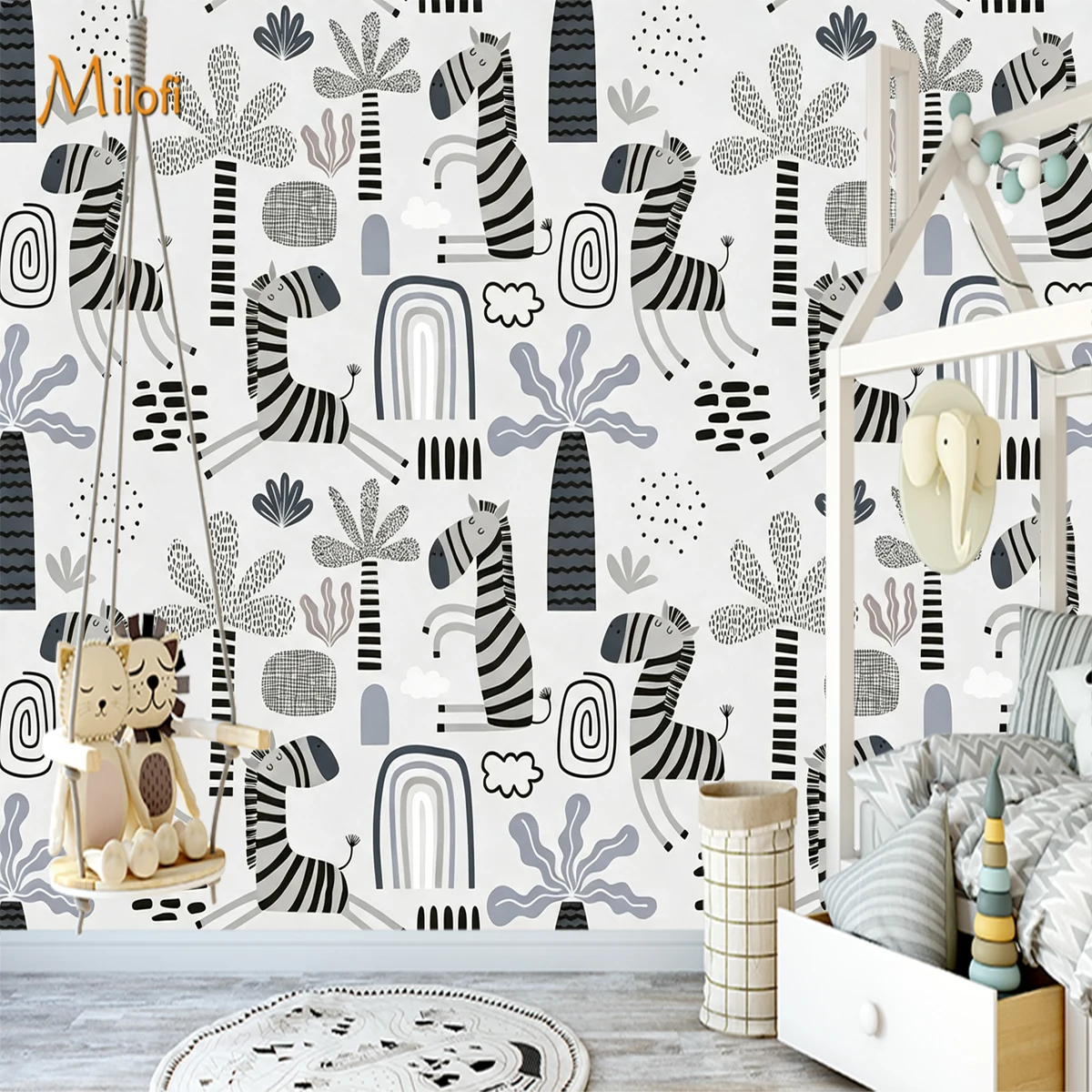 Custom 3D Nordic Cartoon Zebra Wall Mural Black White Geometric Rainbow Palm Tree Wallpaper for Kids Baby Nursery Bedroom Decor