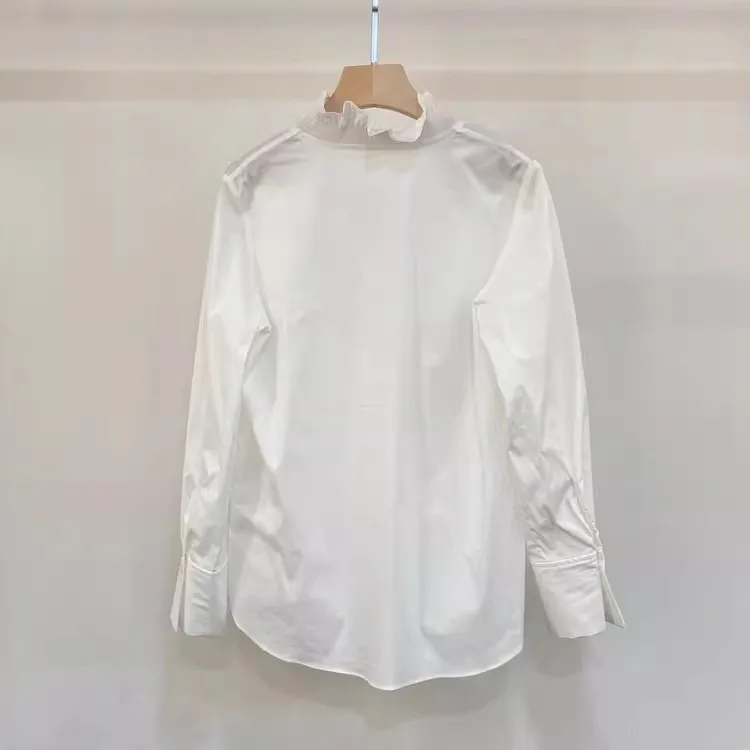 Sexy Deep V-Neck Blouse Shirts 2026 Spring Summer Fashion Women Pleated Ruffle Patchwork Long Sleeve Elegant White Tops Shirt