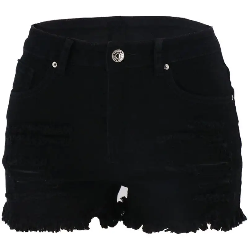 New High Waist Black White Washed Denim Shorts Women's Commute Style Torn Casual High Waist Short Jeans Three-Quarter Length