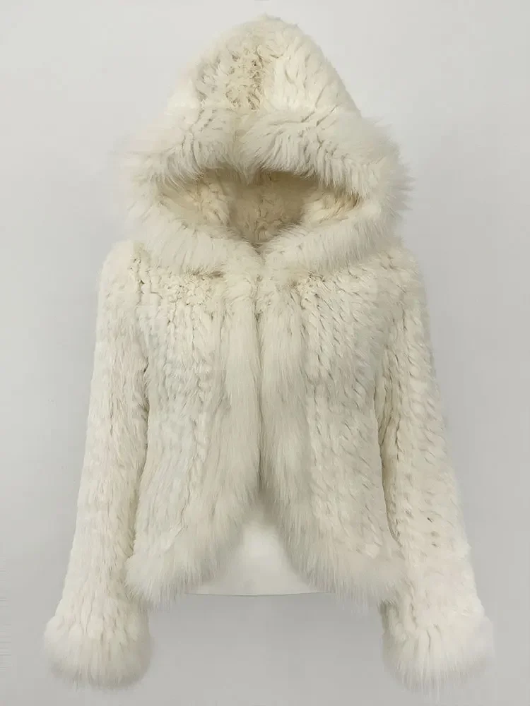 2025 New Autumn Winter Hooded Real Fox Fur Jacket Natural Rabbit Fur Coat Women Fashion Solid Kintting Fur Outerwear Female