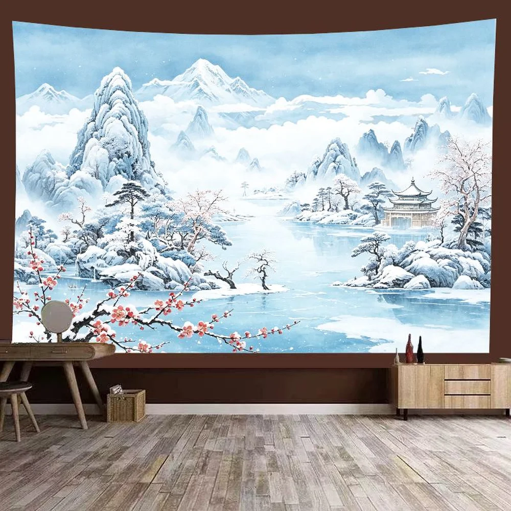 VIKAMA Zen Mountain Tapestry – Green Forest River View, Nature Art for Living Room Decor​
