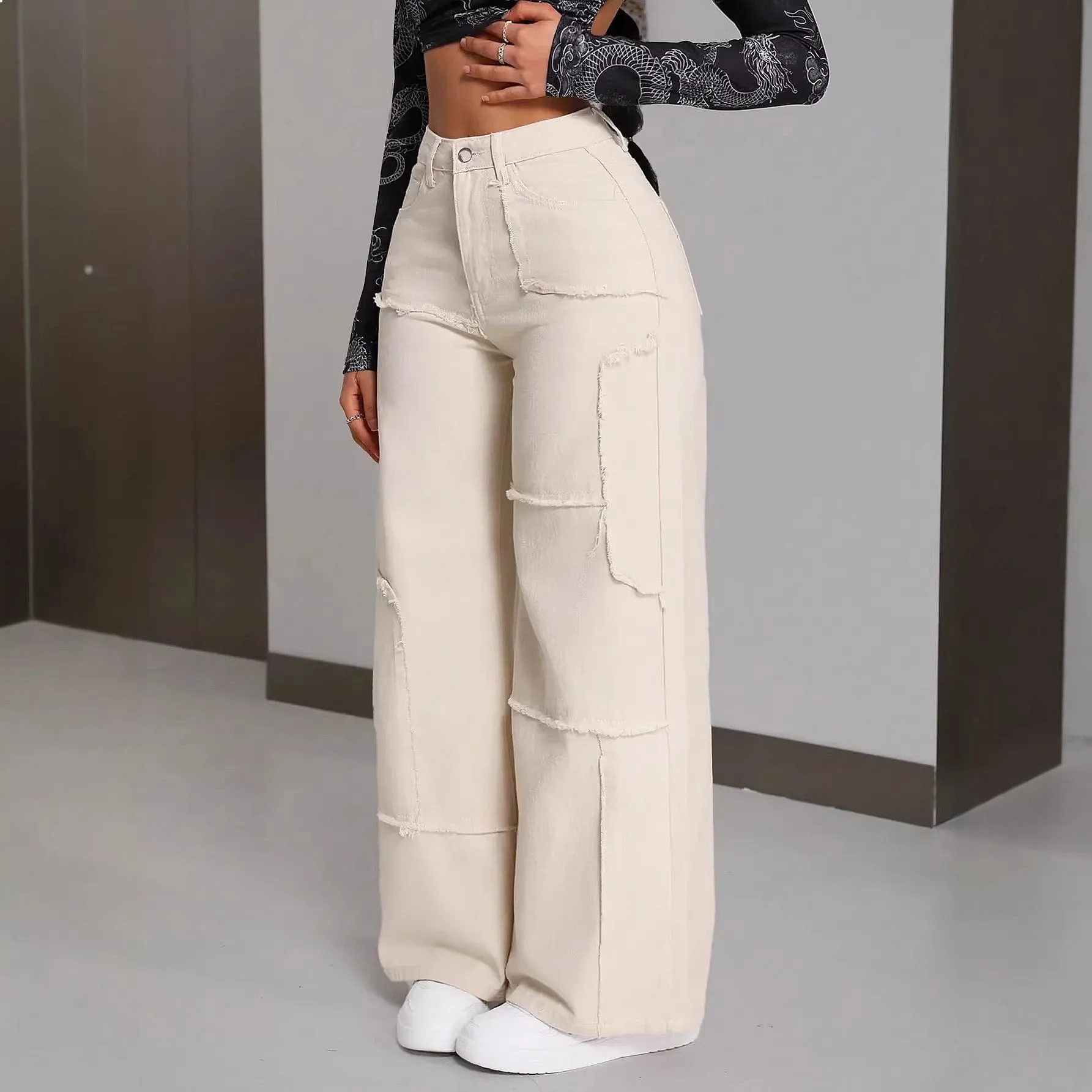 2026 cross-border spring and summer new models, mid-waist straight casual women loose splicing solid color jeans