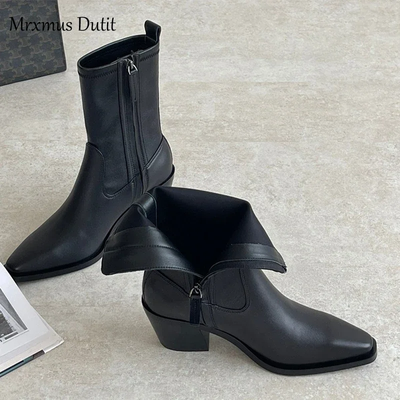 Mrxmus Dutit 2024 Women New Autumn Winter Genuine Leather Rough Heel Pointed Head Boots Shoes Simple Fashion Shoes Female Chic