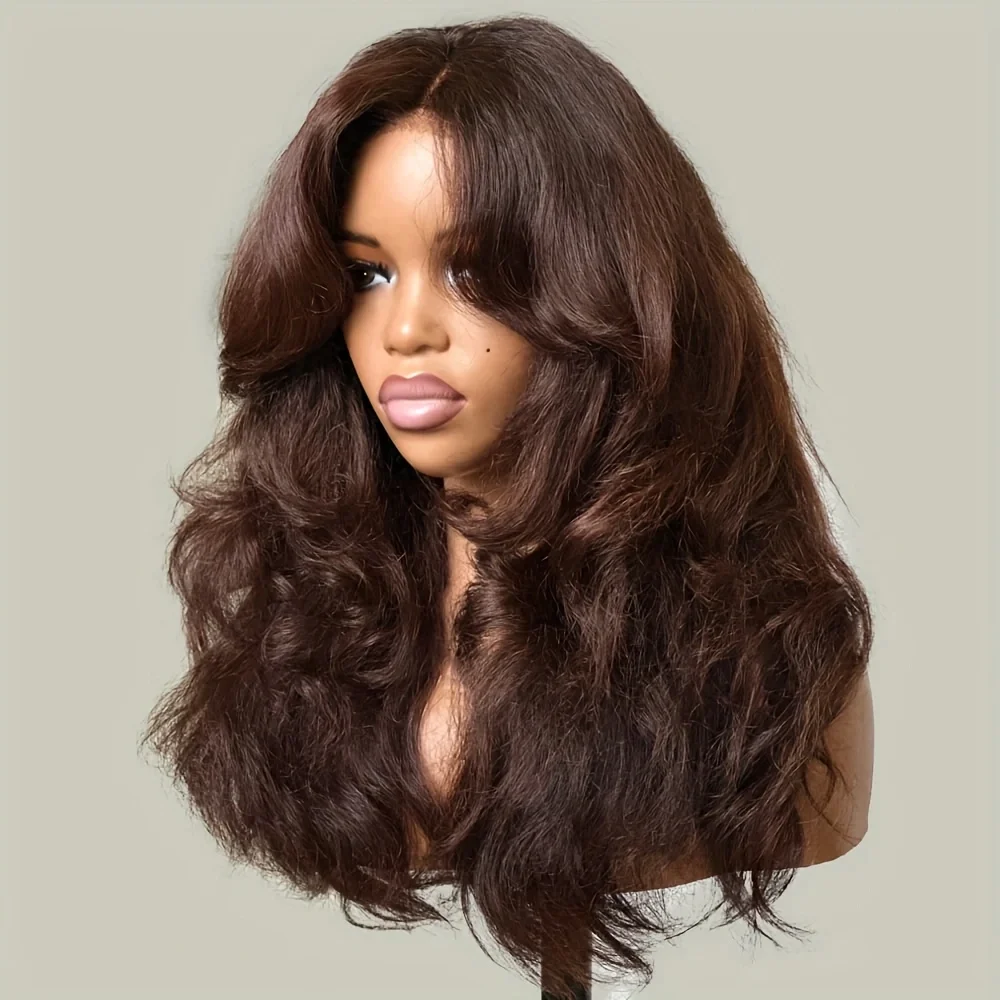 

26 дюймов, плотность 180%, мягкие, предварительно выщипанные, натуральные волосы, коричневый, объемная волна, кружевной передний парик для чернокожих женщин, детские волосы, бесклеевые