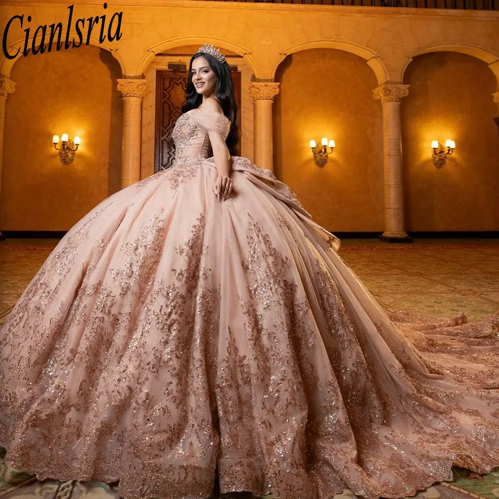 

Champagne Beading Crystal Quinceanera Dresses Ball Gown Sequined Appliques Lace Bow Sweet 15 Años Mexican Customized