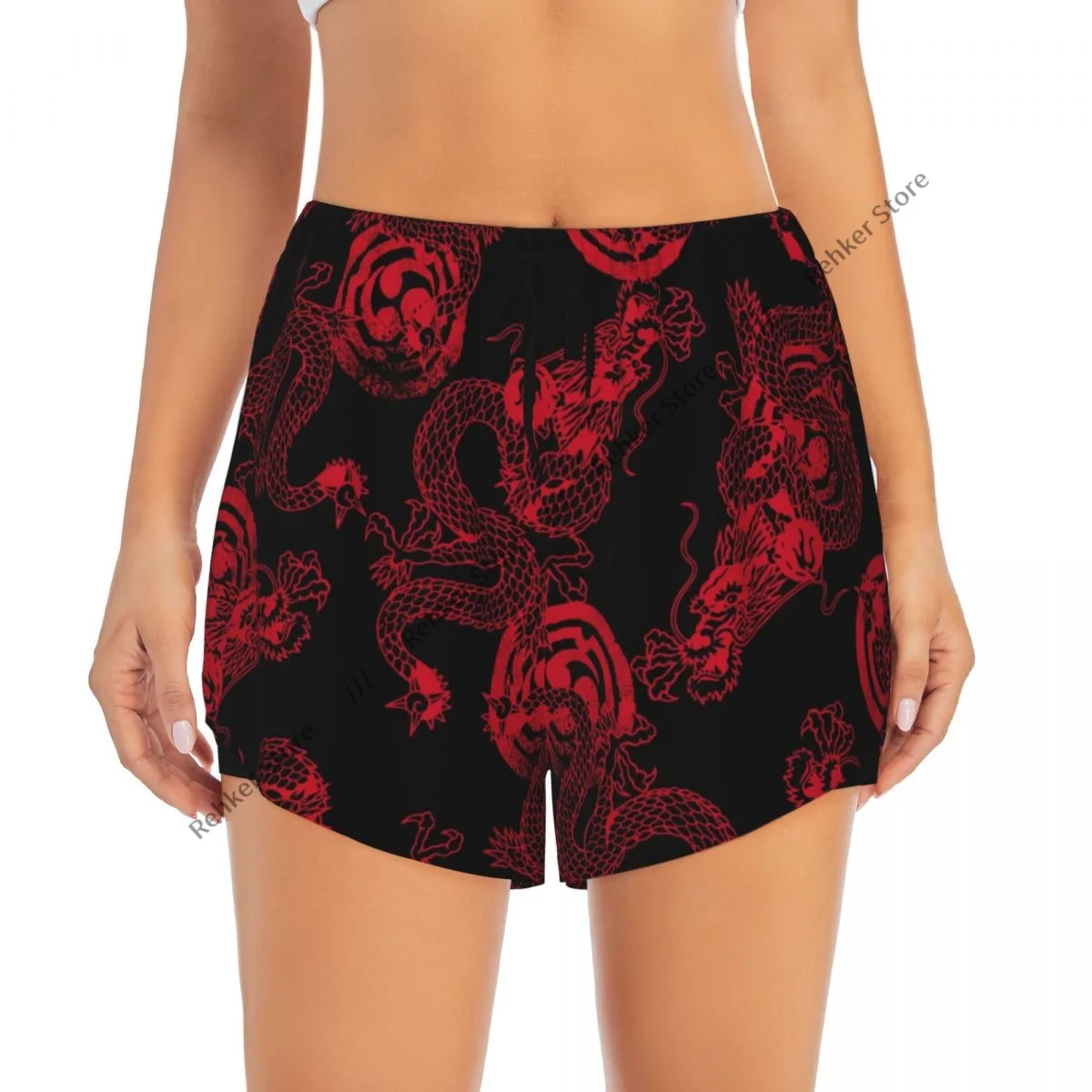 レディース アスレチック ショーツ ドラゴン パターン ランニング ヨガ フィットネス 速乾性 バドミントン トレーニング ポケット付き