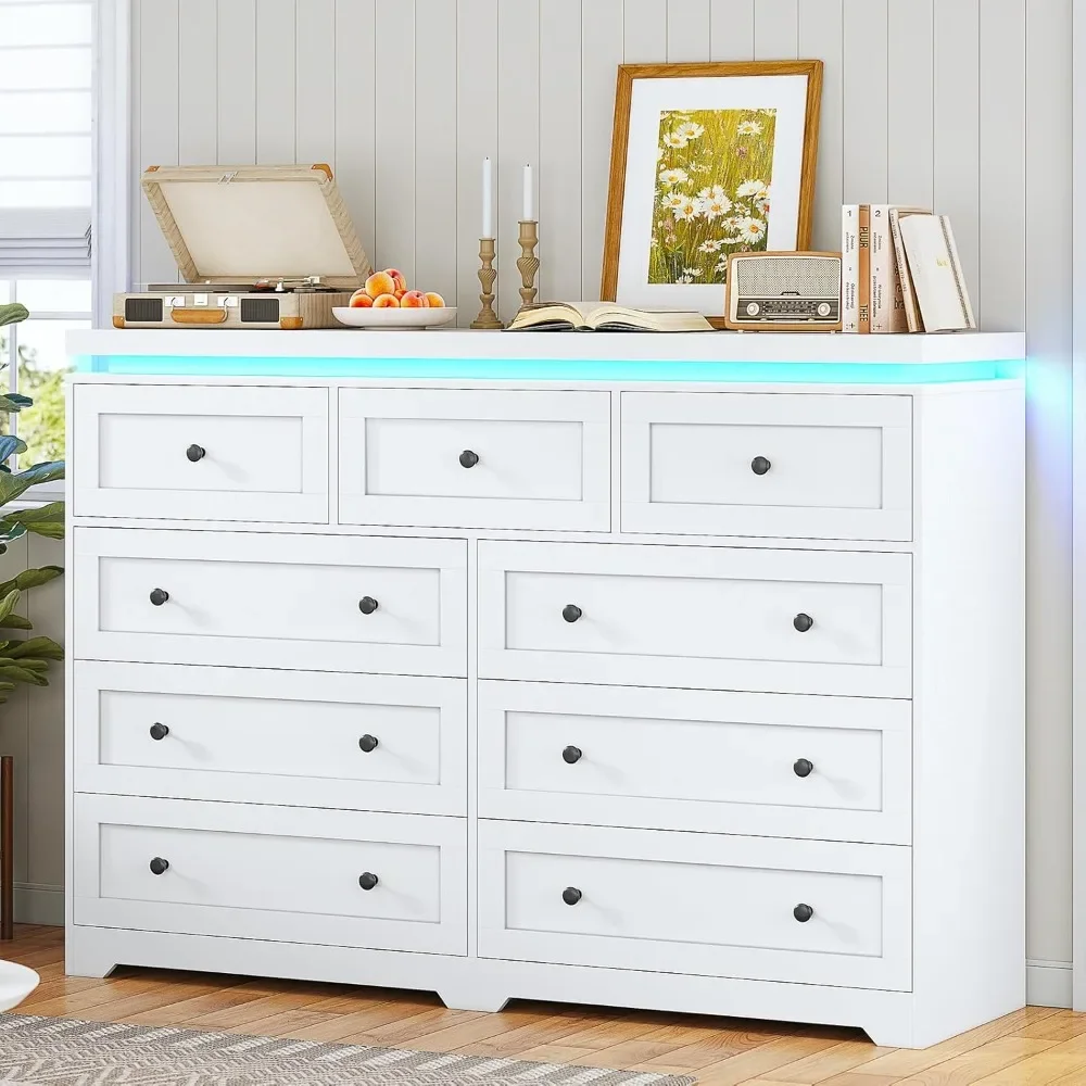 

Tall Dresser for Bedroom with 9 Drawers,55.1” Long White Dresser with Led Lights, Modern Chest of Drawers, Led Wide Bed