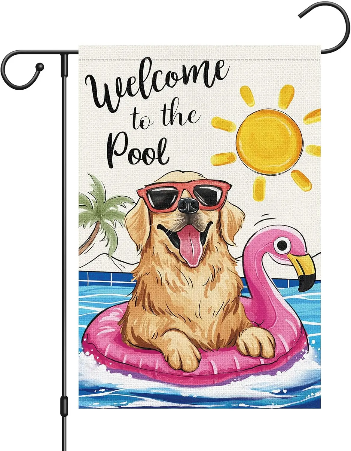 Louise Maelys Welcome Summer Pool Garden Flag 12x18 Double Sided, Burlap Small Golden Retriever Dog Garden Yard House Flags Outs