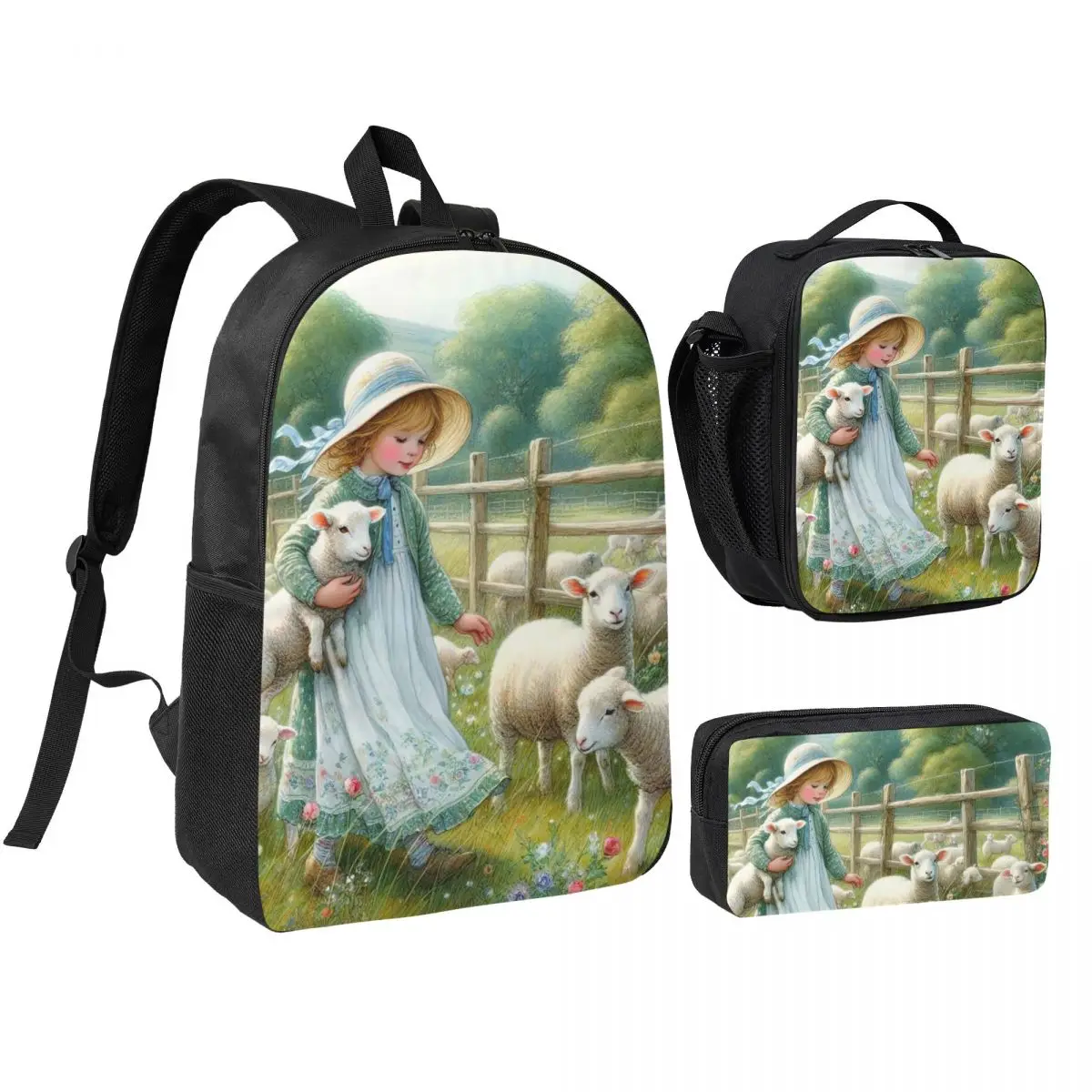 Farm Scene Little Girl And Lamb Backpack Student BookBag School Bag Shoulder Bags 3ps Insulated Lunch Bag Pencil Case