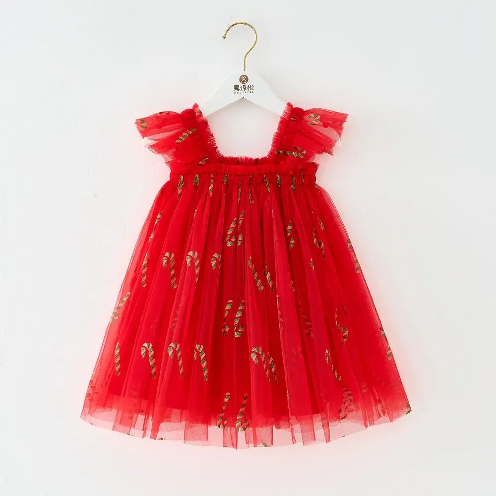 Christmas Baby Girls Cute Rompers Dress Ruffles Fly Sleeve Princess Xmas Red Green Mesh Lace Tutu Dress Headband