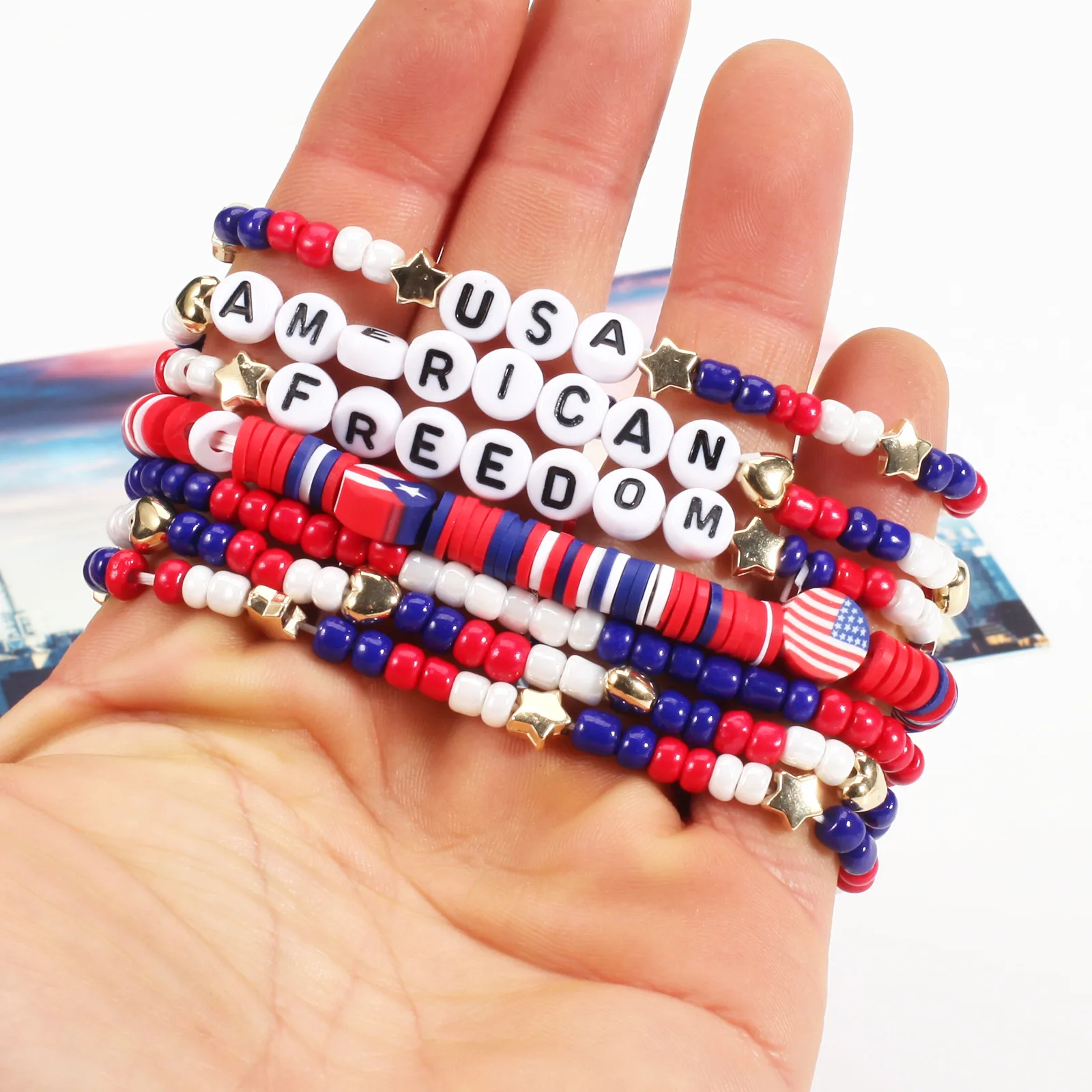 7PC/Set NEW IN Bohemia AMERICA FREEDOM Letter Bead Wrap Bracelet Set USA Flag Charm Stacked Jewelry Gift for Independence Day