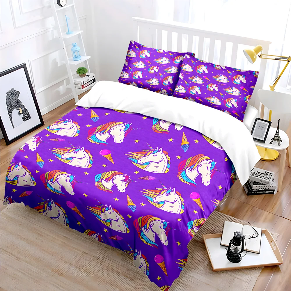 Purple background rainbow unicorns and ice cream Print Bedding Set 1Duvet Cover 2Pillowcases for Adult and Children Luxury Gift
