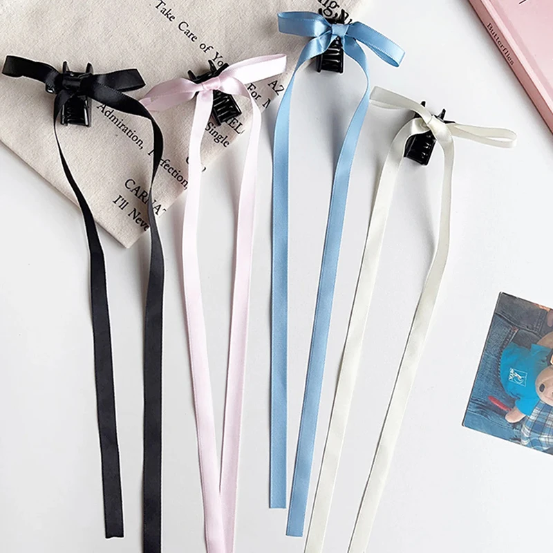 2PCS Korean Ribbon Long Bow Hair Claw Side Clips Headwear For Women Girls Color Sweet Hairpin Ponytails Cute Hair Accessories