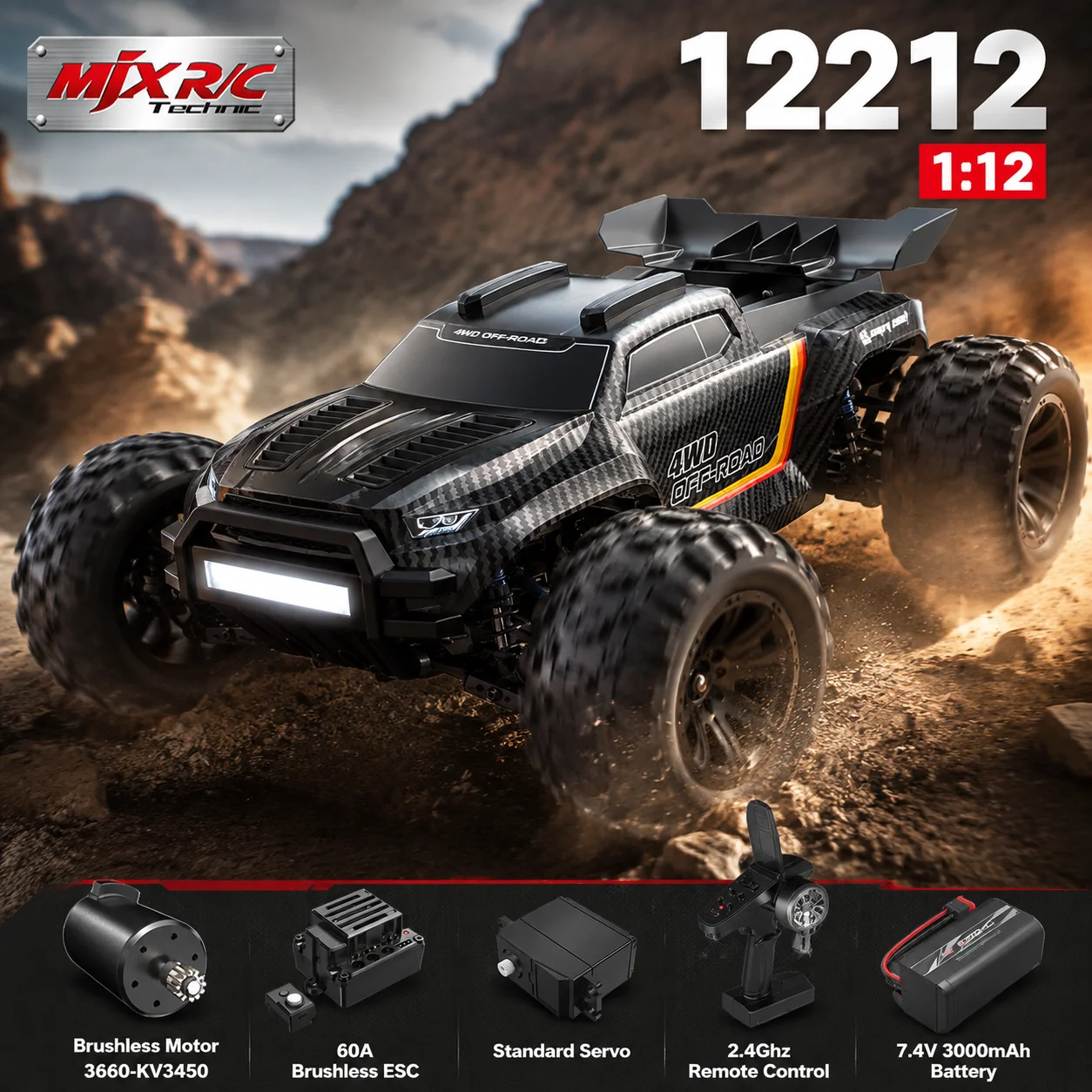 MJX 1/12 Brushless RC Remote Control Car 12212 Four-Wheel Drive Drift Off-Road Vehicle 2.4G High-Speed Car Model Toy For Adult
