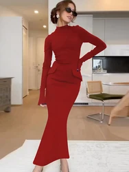 Trendix Slim Elegant Evening Dress Femme Autumn Fashion Pocket Patchwork Long Sleeve Slit Maxi Dresses Women Party Vintage Dress