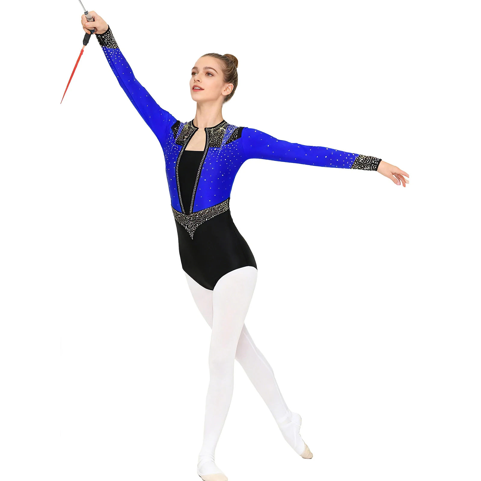 Body da ginnastica da donna Pattinaggio di figura Maglia da balletto Costumi di performance di danza Strass lucidi Tuta a maniche lunghe