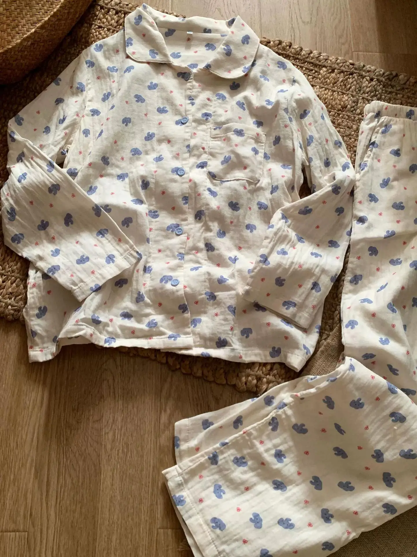 Spring New Pure Cotton Double-layer Yarn Long-sleeved Pajama Japanese Girls Cute Lapel Pure Cotton Loose Loungewear Cartoon Suit