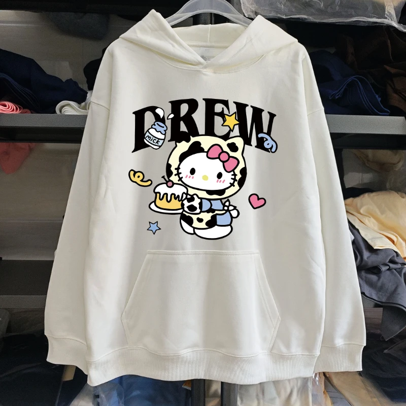 MINISO American Trendy Brand Fun Cartoon Cow Kt Cat Print Men's and Women's Casual Versatile Street Hooded Sweater