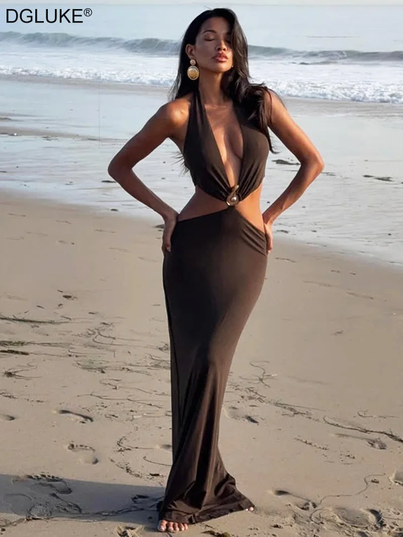 

DGLUKE Halter Backless Sexy Woman Dress Deep V-Neck Cut Out Maxi Dress Summer Long Beach Party Dresses