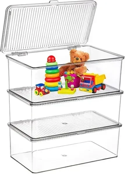 

Set of 3 Small Stackable Storage Bins with Hinged Lid, Acrylic Organizer Box, Clear Makeup Organizer
