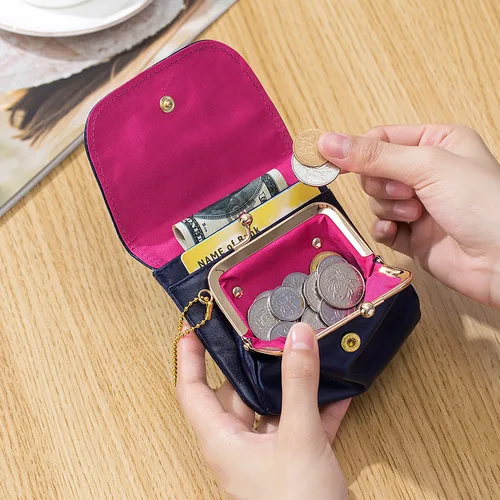 Imagen 1 del producto Monedero de cuero genuino para mujer, monedero de piel de vaca con cierre de cerrojo de Metal, tarjetero, cartera Vintage con hebilla de beso, bolso de mano pequeño