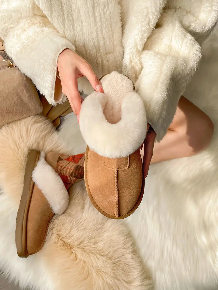 Meotina Women Genuine Leather Round Toe Fur Wool  Flat Fashion Slippers Cow Suede Ladies Winter Autumn Shoes Beige khaki 40