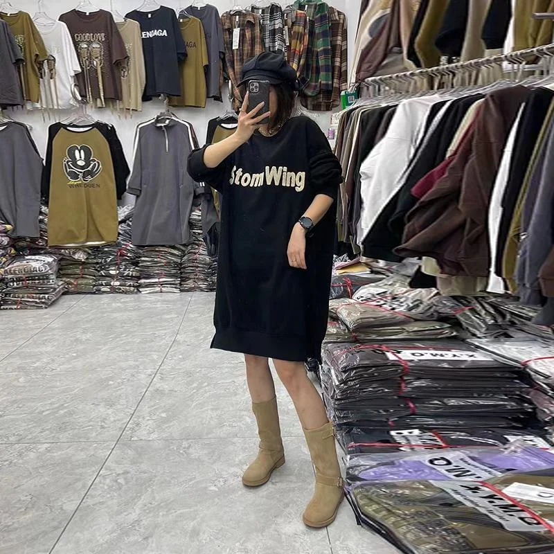 

plus Size Thickened Fleece Lined Embroidered Oversized Mid-Length Sweatshirt Dress Autumn Winter Fashion Korean Style round Neck