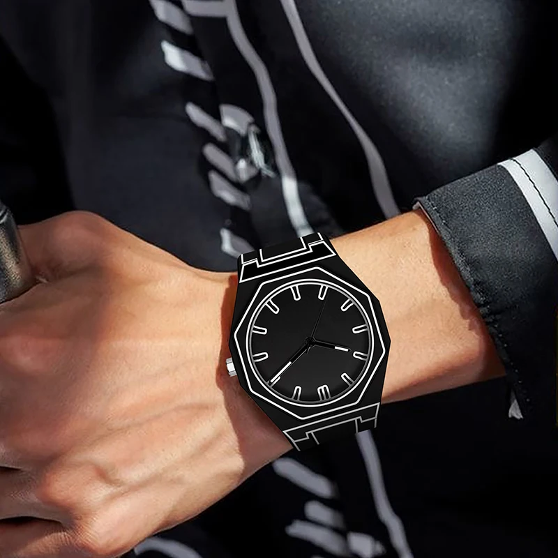 A men's black tape luminous design anime cartoon line style Japanese personality trend cool quartz wristwatch