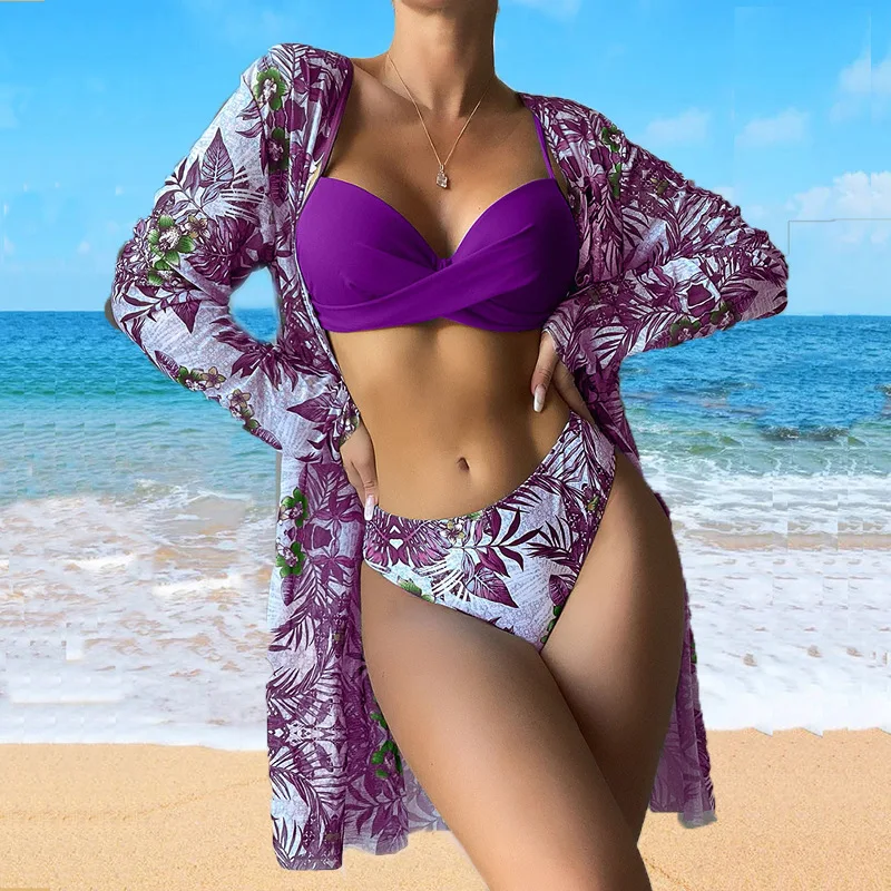 Fashionable Printed Contrast Color Stitching Split Three-piece Swimsuit High Waist Triangle Mesh with Steel Support Bikini Sets