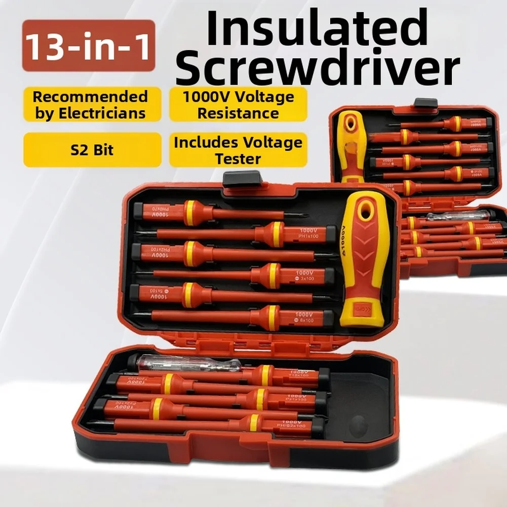 13pcs Electrician Tools 1000V Voltage Interchangeable Blade VDE Insulated Screwdrive Set Magnetic Cross Slotted Screwdriver Bits