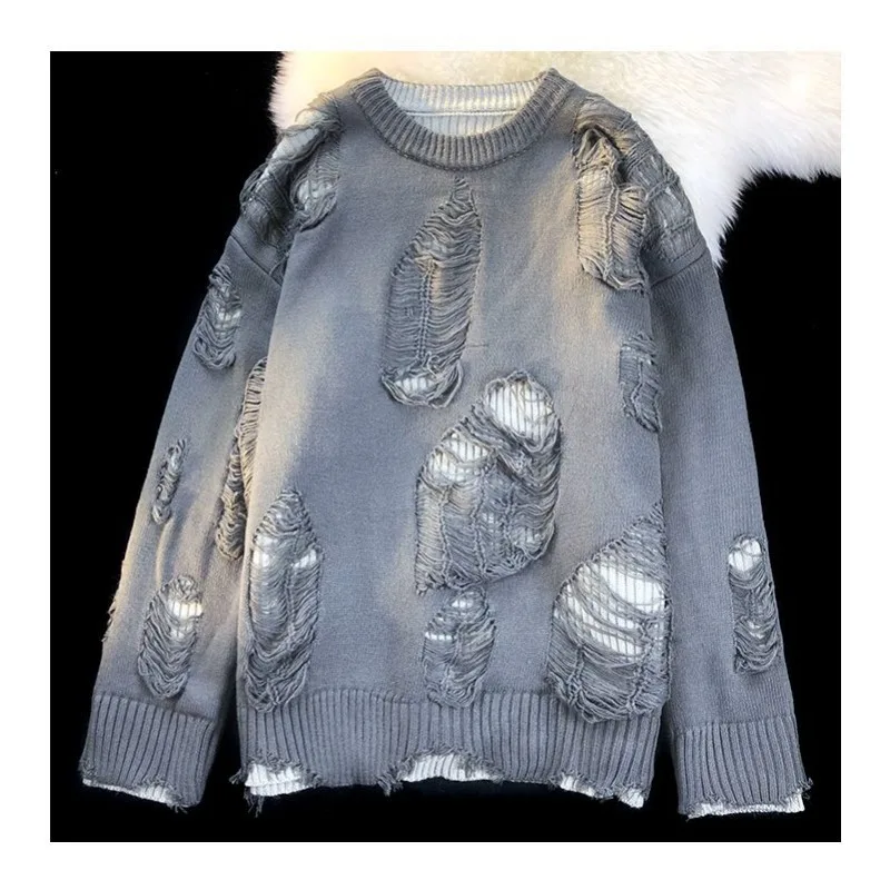 

American Style Ripped Tassel Sweater Men's Autumn and Winter Round Neck Long Sleeve Tassel Ripped Versatile Sweater Long Sleeves